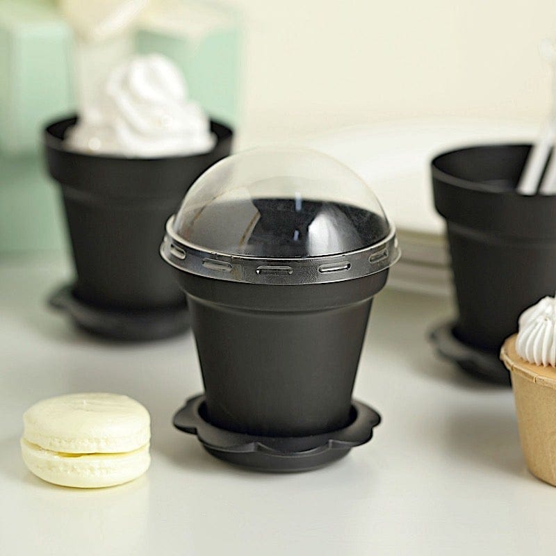 12 Mini Flower Pot Dessert Cups with Lid and Shovel Spoon - Black PLTC_FIL_020_BLK