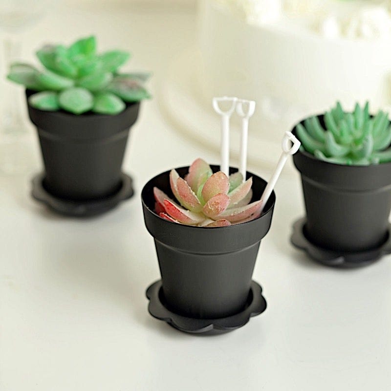 12 Mini Flower Pot Dessert Cups with Lid and Shovel Spoon - Black PLTC_FIL_020_BLK