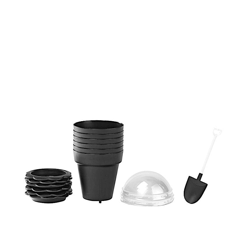 12 Mini Flower Pot Dessert Cups with Lid and Shovel Spoon - Black PLTC_FIL_020_BLK