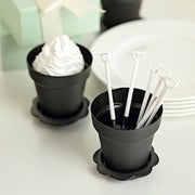 12 Mini Flower Pot Dessert Cups with Lid and Shovel Spoon - Black PLTC_FIL_020_BLK