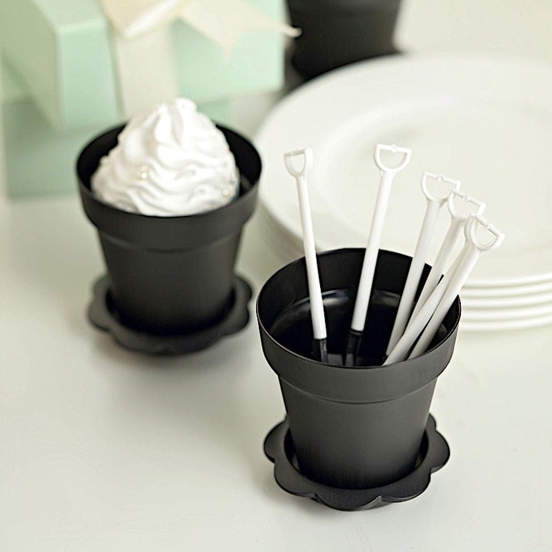 12 Mini Flower Pot Dessert Cups with Lid and Shovel Spoon - Black PLTC_FIL_020_BLK