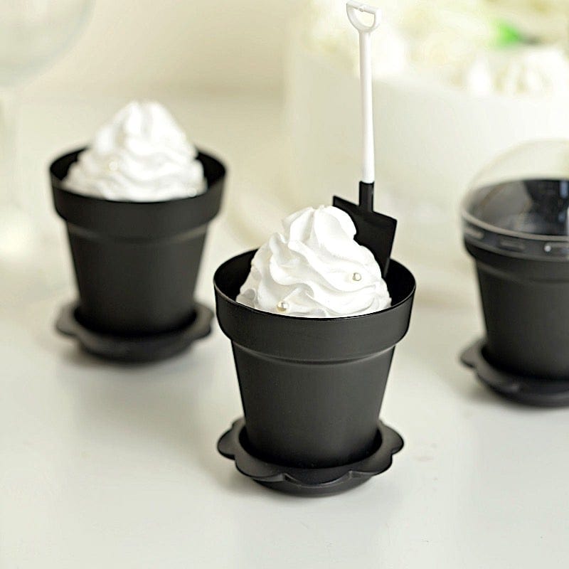 12 Mini Flower Pot Dessert Cups with Lid and Shovel Spoon - Black PLTC_FIL_020_BLK