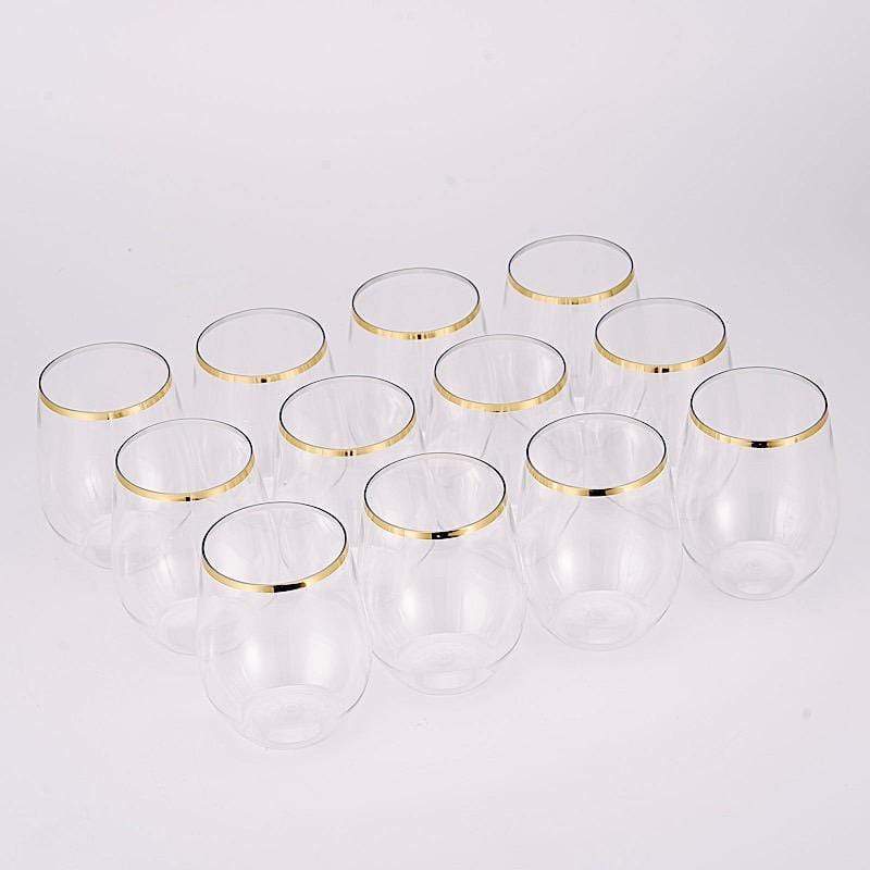 12 pcs 14 oz Clear with Gold Rim Stemless Plastic Wine Glasses - Disposable Tableware DSP_CUWN003_12_GOLD