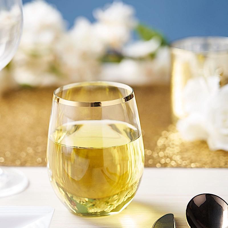 12 pcs 14 oz Clear with Gold Rim Stemless Plastic Wine Glasses - Disposable Tableware DSP_CUWN003_12_GOLD