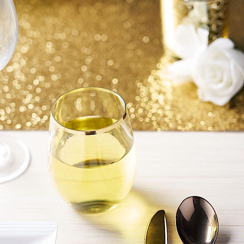 12 pcs 14 oz Clear with Gold Rim Stemless Plastic Wine Glasses - Disposable Tableware DSP_CUWN003_12_GOLD