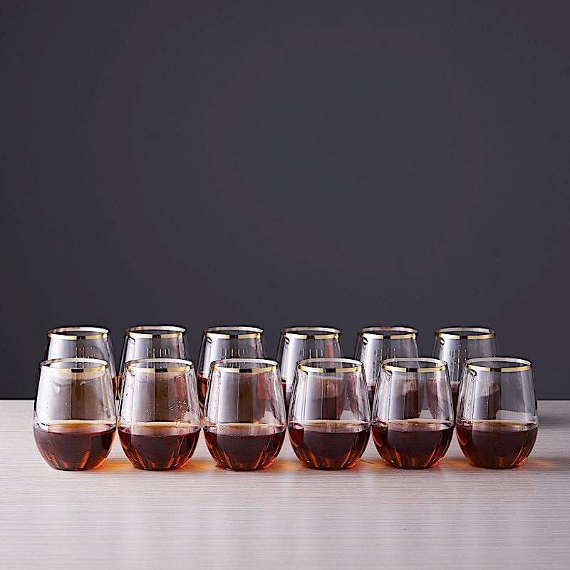 12 pcs 14 oz Clear with Gold Rim Stemless Plastic Wine Glasses - Disposable Tableware DSP_CUWN003_12_GOLD