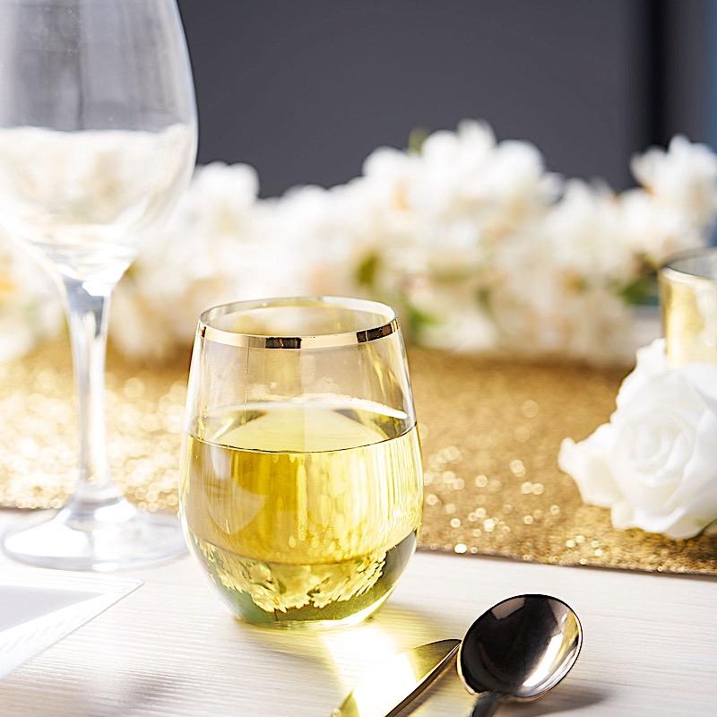 12 pcs 14 oz Clear with Gold Rim Stemless Plastic Wine Glasses - Disposable Tableware DSP_CUWN003_12_GOLD