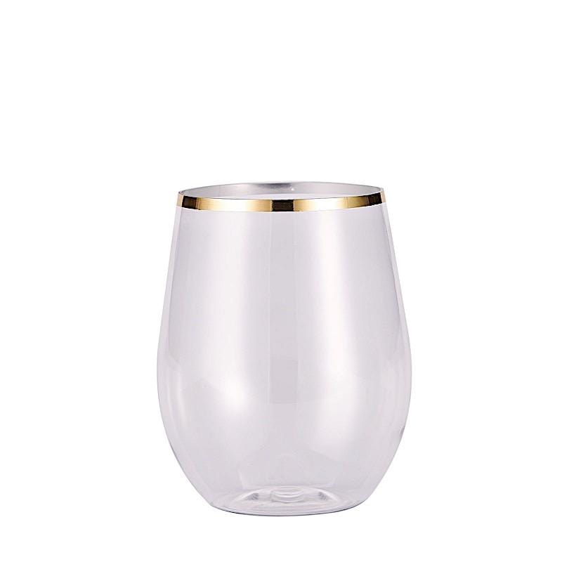 12 pcs 14 oz Clear with Gold Rim Stemless Plastic Wine Glasses - Disposable Tableware DSP_CUWN003_12_GOLD