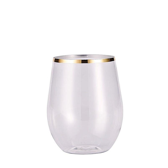 12 pcs 14 oz Clear with Gold Rim Stemless Plastic Wine Glasses - Disposable Tableware DSP_CUWN003_12_GOLD