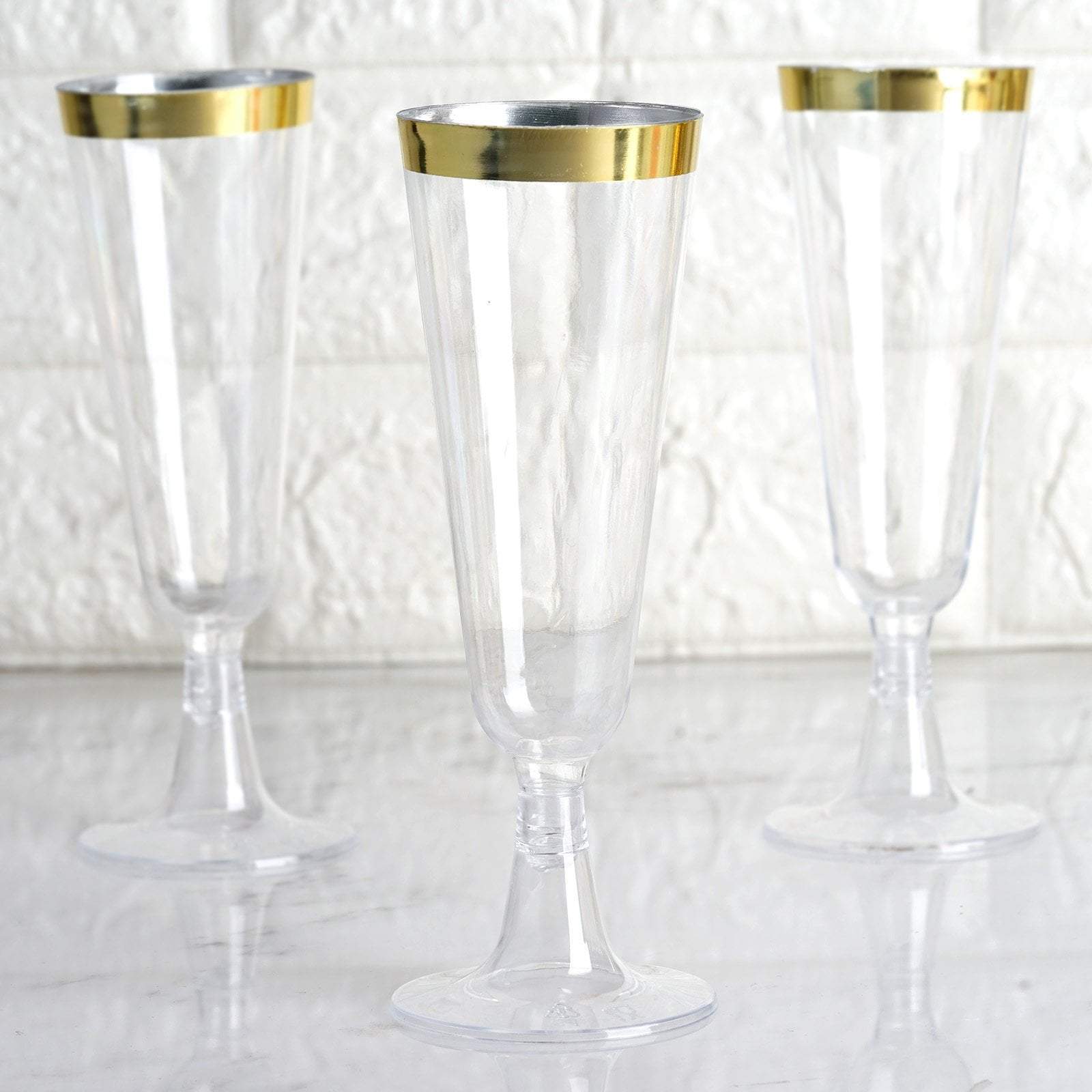 12 pcs 5 oz Clear with Gold Rim Plastic Champagne Disposable Glasses PLST_CU0071_GOLD