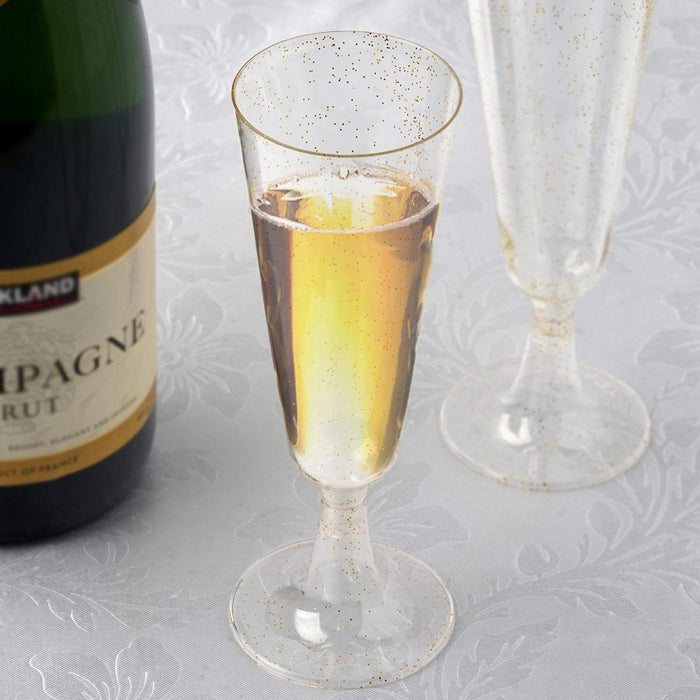 12 pcs 5 oz. Glittered Champagne Plastic Flutes Glasses - Disposable Tableware