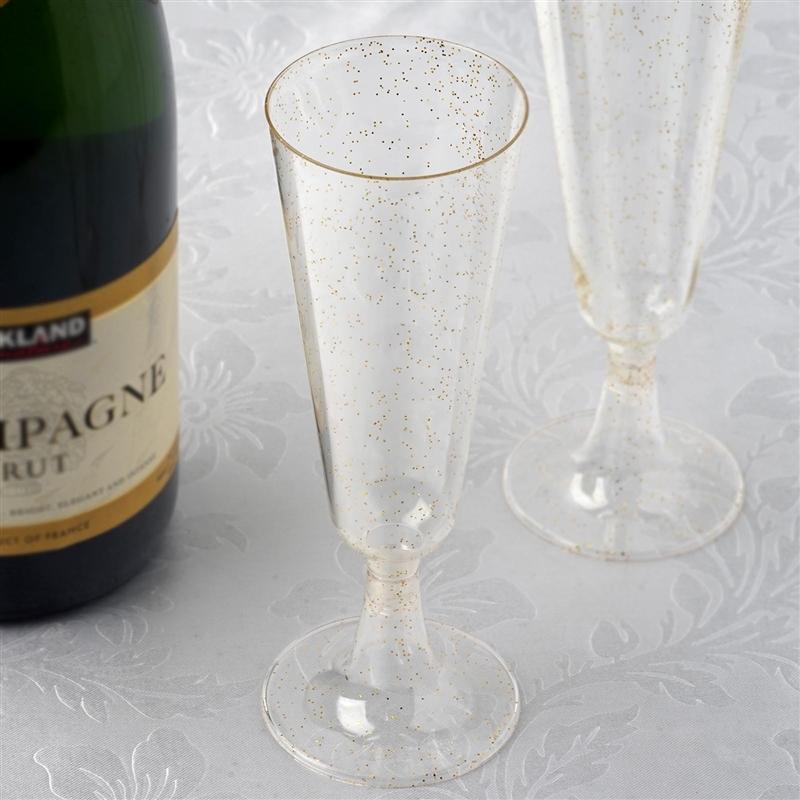 12 pcs 5 oz. Glittered Champagne Plastic Flutes Glasses - Disposable Tableware