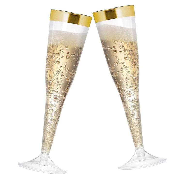 12 pcs 6 oz. Clear with Gold Rim Champagne Plastic Flutes Glasses - Disposable Tableware PLST_CU0063_GOLD