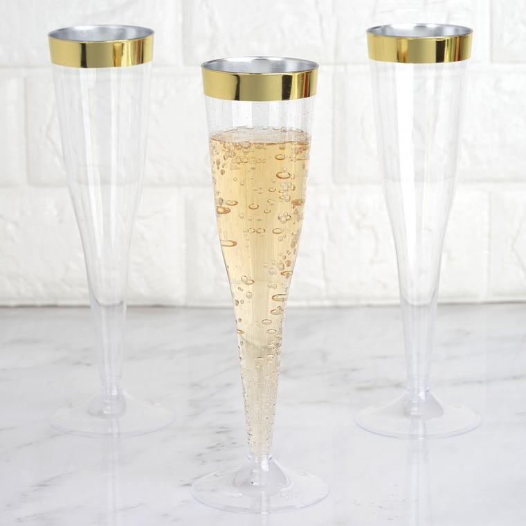 12 pcs 6 oz. Clear with Gold Rim Champagne Plastic Flutes Glasses - Disposable Tableware PLST_CU0063_GOLD