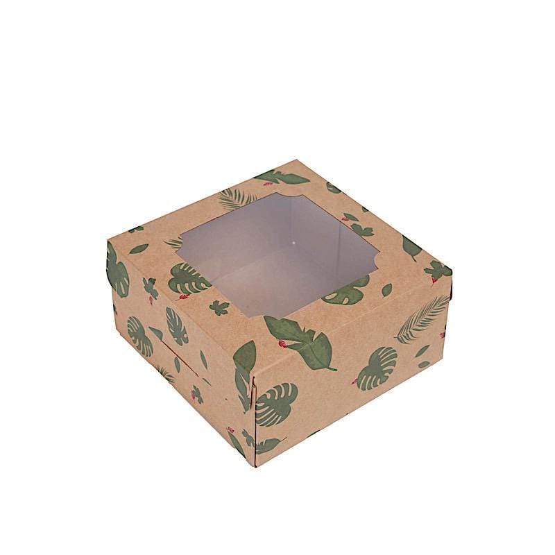 12 pcs 6" Tropical Leaf Dessert Bakery Cake Boxes with Window - Brown and Green BOX_6X3_CAKE04_TROP