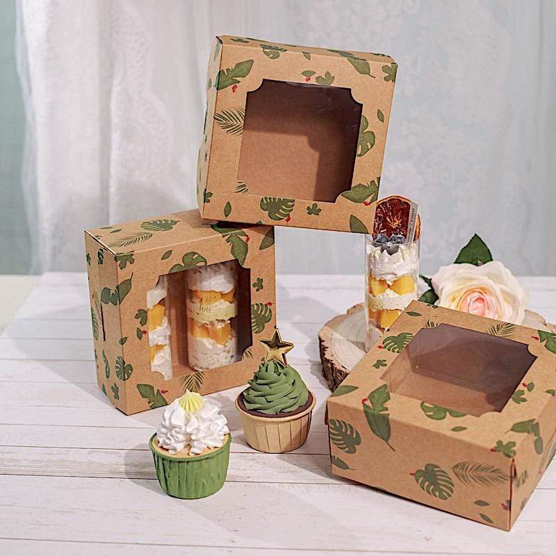 12 pcs 6" Tropical Leaf Dessert Bakery Cake Boxes with Window - Brown and Green BOX_6X3_CAKE04_TROP
