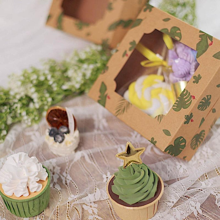 12 pcs 6" Tropical Leaf Dessert Bakery Cake Boxes with Window - Brown and Green BOX_6X3_CAKE04_TROP
