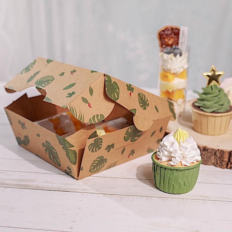 12 pcs 6" Tropical Leaf Dessert Bakery Cake Boxes with Window - Brown and Green BOX_6X3_CAKE04_TROP