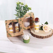 12 pcs 6" Tropical Leaf Dessert Bakery Cake Boxes with Window - Brown and Green BOX_6X3_CAKE04_TROP