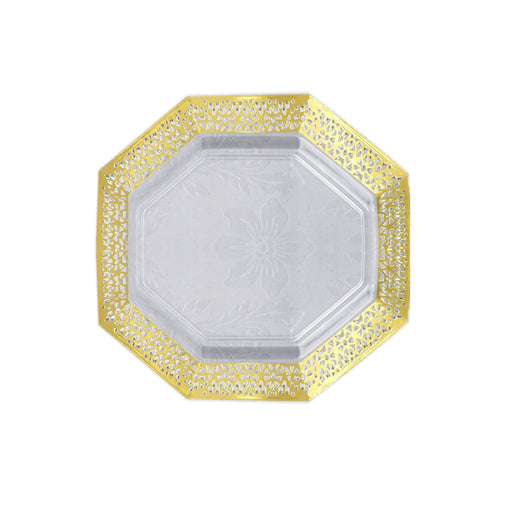 12 pcs 8" Clear Octagonal Plastic Disposable Dessert Plates with Gold Lace Rim PLST_PLA0083_GOLD