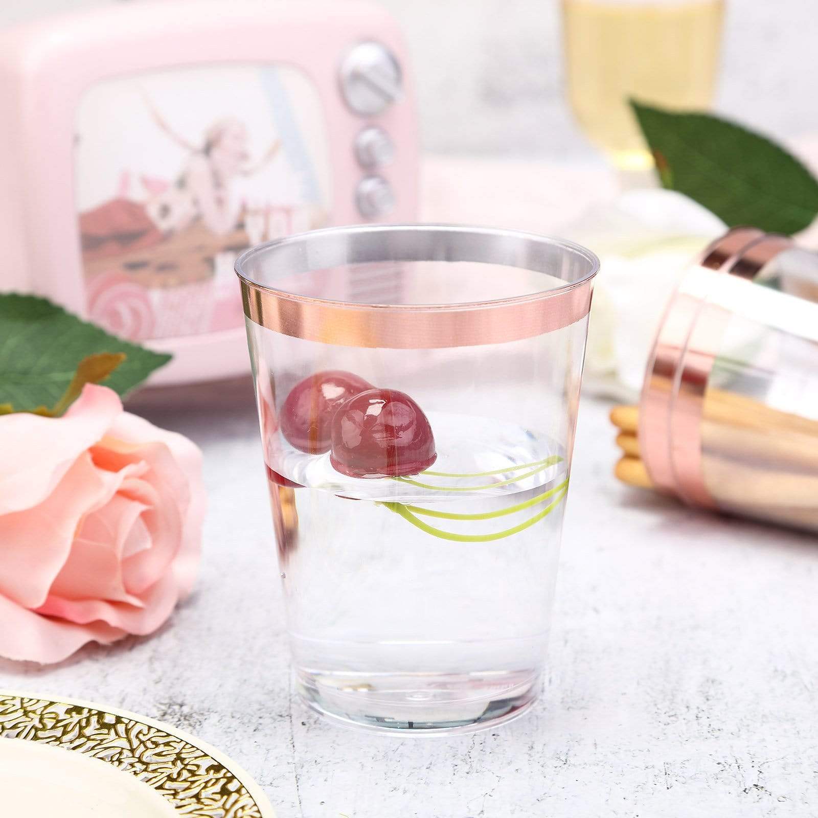 12 pcs 9 oz Clear with Rose Gold Rim Cups - Disposable Tableware DSP_CUCT002_9_CLRG2