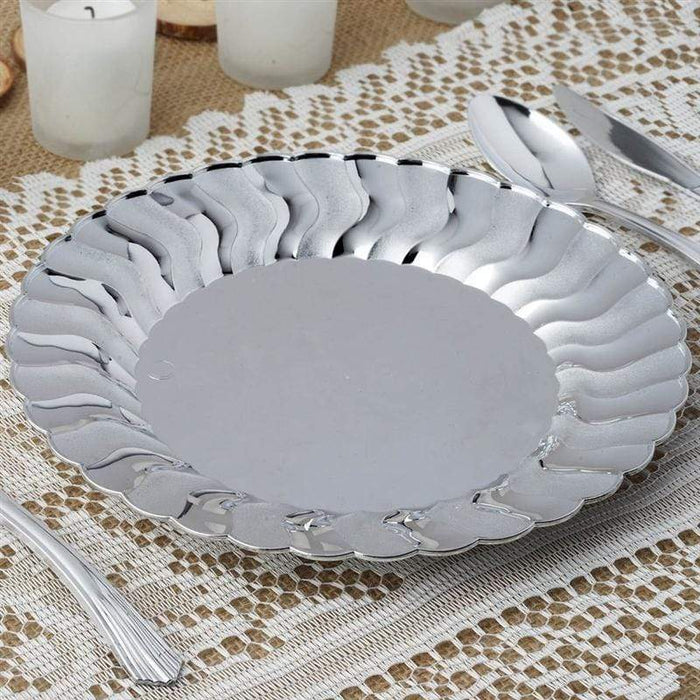 12 pcs 9" Silver Dessert Appetizer Party Plastic Plates with Flared Rim - Disposable Tableware PLST_PLA0084_SILV
