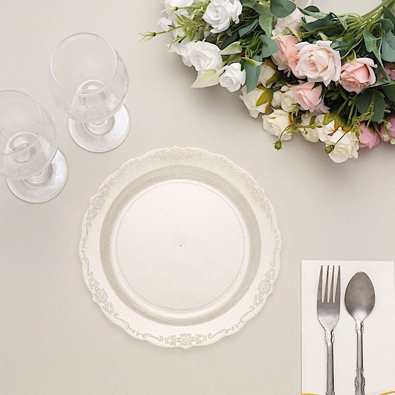 12 Round Clear Glittered Plastic Salad Dinner Plates - Disposable Tableware