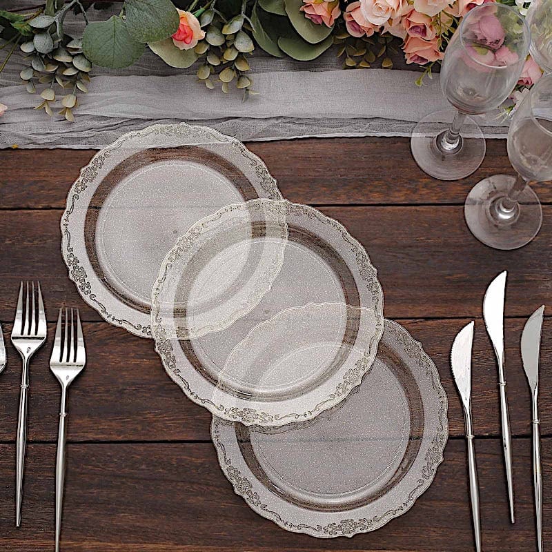 12 Round Clear Glittered Plastic Salad Dinner Plates - Disposable Tableware