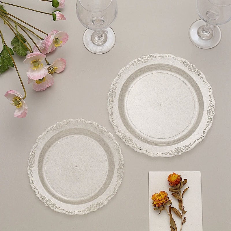 12 Round Clear Glittered Plastic Salad Dinner Plates - Disposable Tableware