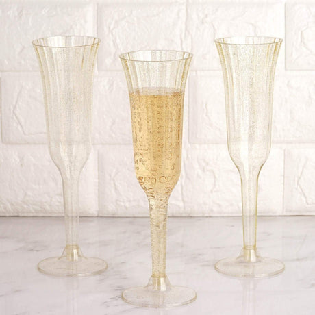 12 Stylish Glitter Plastic Champagne Flute Glasses - 6 oz - Disposable Tableware