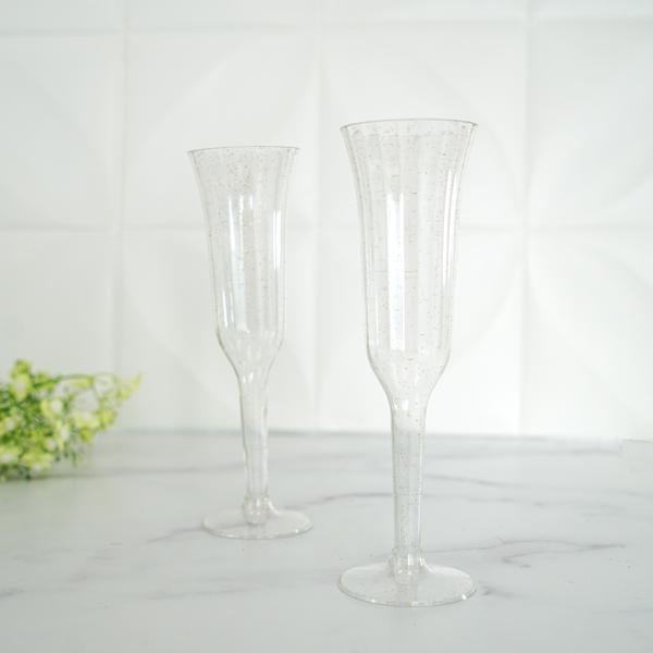 12 Stylish Glitter Plastic Champagne Flute Glasses - 6 oz - Disposable Tableware