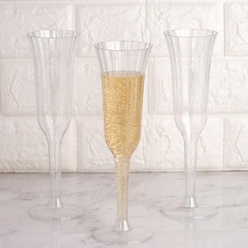 12 Stylish Glitter Plastic Champagne Flute Glasses - 6 oz - Disposable Tableware