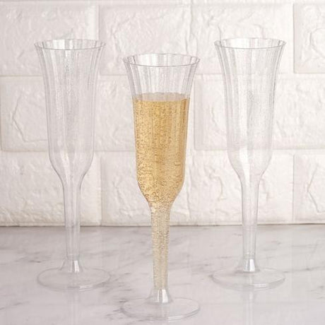 12 Stylish Glitter Plastic Champagne Flute Glasses - 6 oz - Disposable Tableware