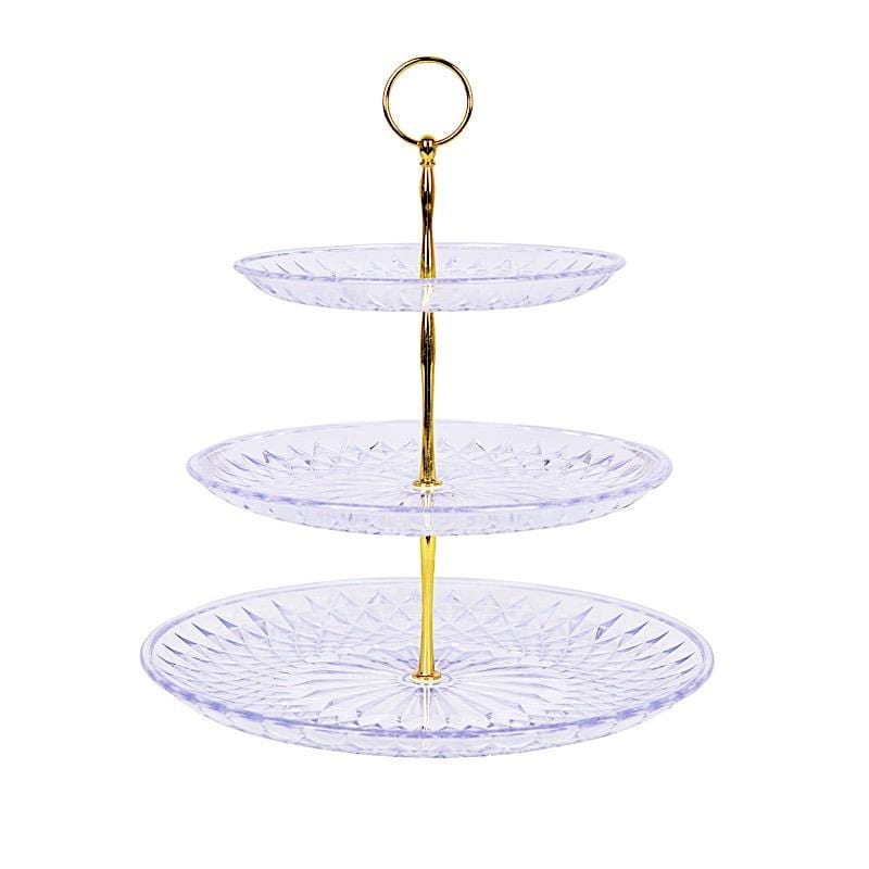 12" tall 3 Tier Plastic Dessert Stand Round Cupcake Holder - Clear with Gold CAKE_PLST_R003_M_CLR