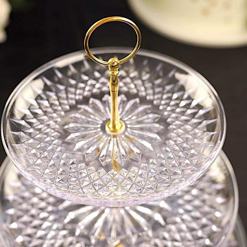 12" tall 3 Tier Plastic Dessert Stand Round Cupcake Holder - Clear with Gold CAKE_PLST_R003_M_CLR