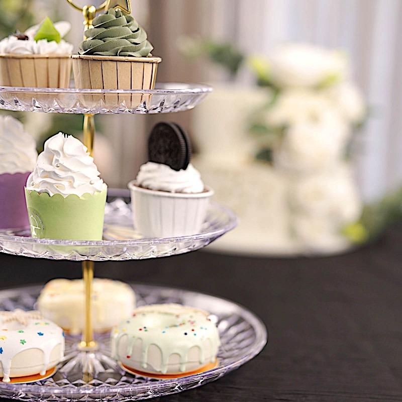 12" tall 3 Tier Plastic Dessert Stand Round Cupcake Holder - Clear with Gold CAKE_PLST_R003_M_CLR