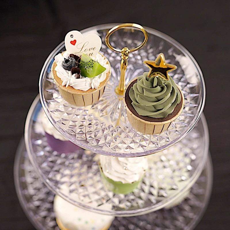 12" tall 3 Tier Plastic Dessert Stand Round Cupcake Holder - Clear with Gold CAKE_PLST_R003_M_CLR