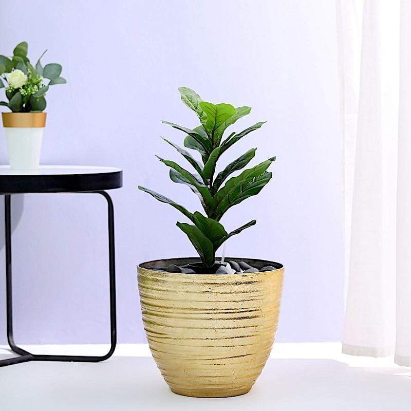 12" tall Metallic Round Plastic Flower Plant Pot with Horizontal Lines Design