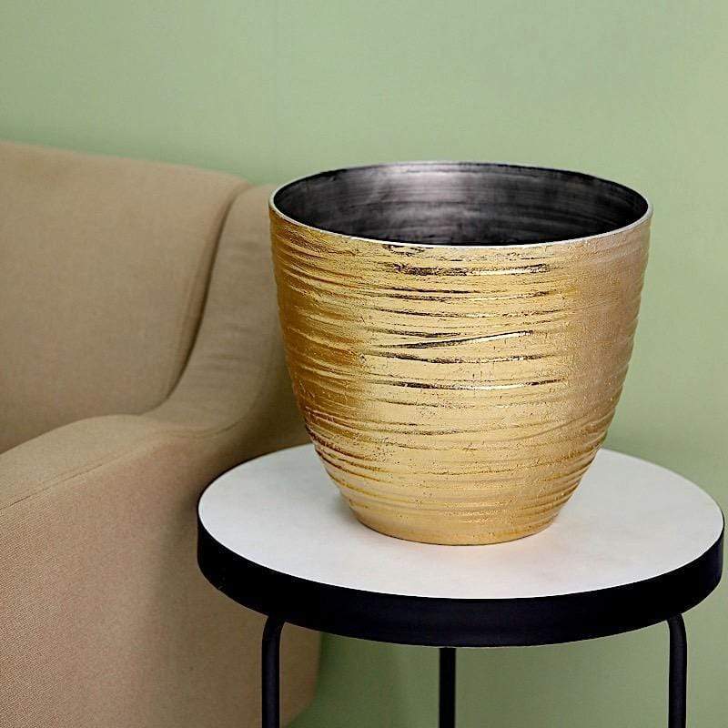 12" tall Metallic Round Plastic Flower Plant Pot with Horizontal Lines Design