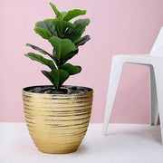 12" tall Metallic Round Plastic Flower Plant Pot with Horizontal Lines Design
