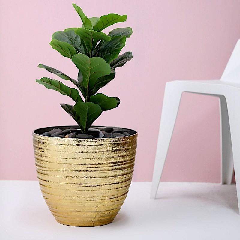 12" tall Metallic Round Plastic Flower Plant Pot with Horizontal Lines Design