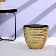 12" tall Metallic Round Plastic Flower Plant Pot with Horizontal Lines Design