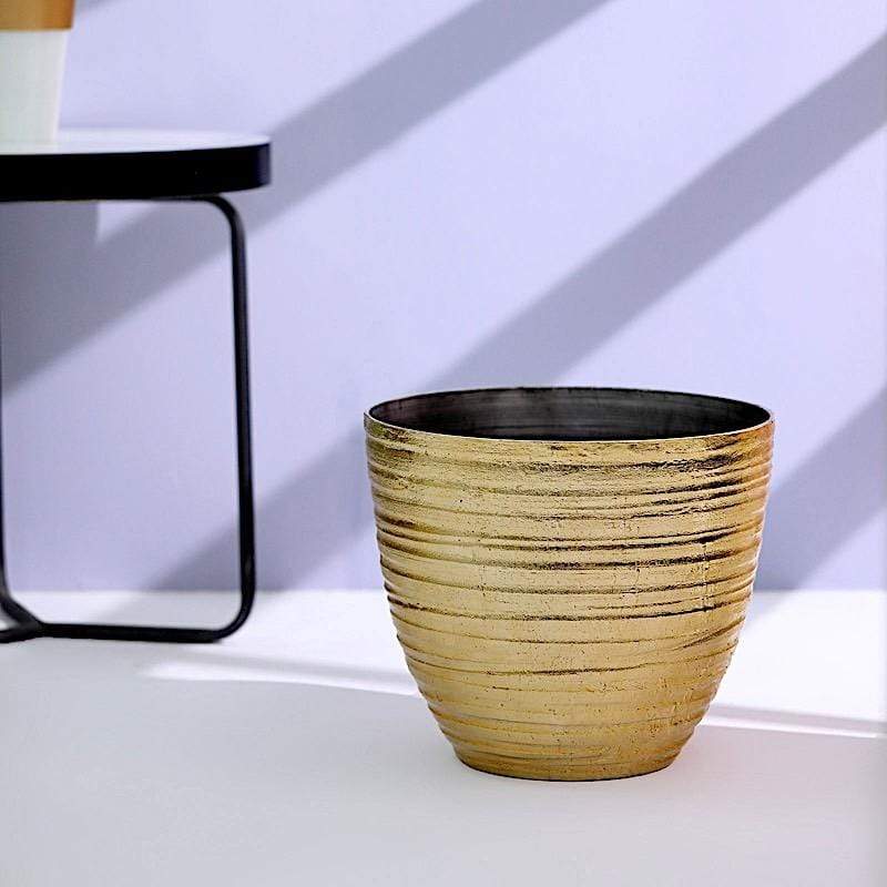 12" tall Metallic Round Plastic Flower Plant Pot with Horizontal Lines Design