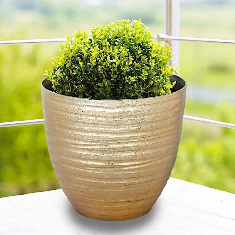 12" tall Metallic Round Plastic Flower Plant Pot with Horizontal Lines Design