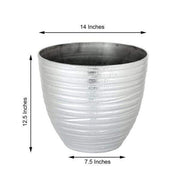 12" tall Metallic Round Plastic Flower Plant Pot with Horizontal Lines Design