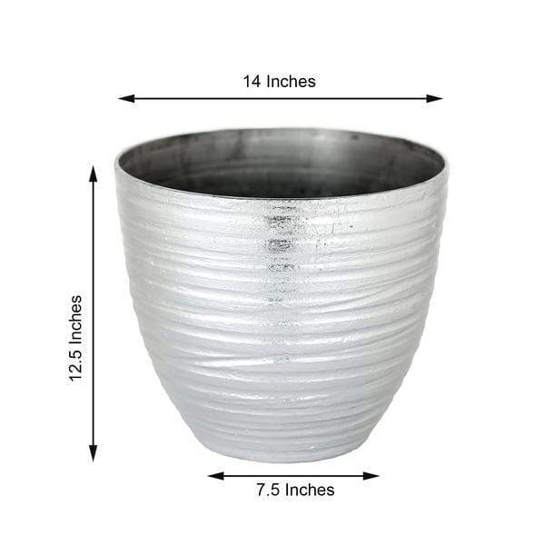 12" tall Metallic Round Plastic Flower Plant Pot with Horizontal Lines Design