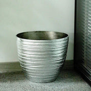 12" tall Metallic Round Plastic Flower Plant Pot with Horizontal Lines Design