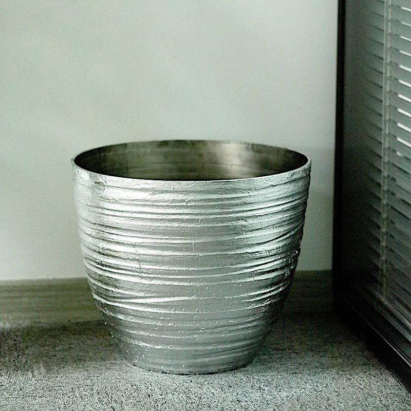 12" tall Metallic Round Plastic Flower Plant Pot with Horizontal Lines Design