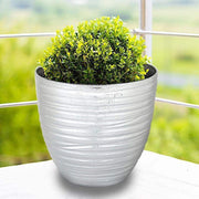 12" tall Metallic Round Plastic Flower Plant Pot with Horizontal Lines Design