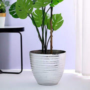 12" tall Metallic Round Plastic Flower Plant Pot with Horizontal Lines Design
